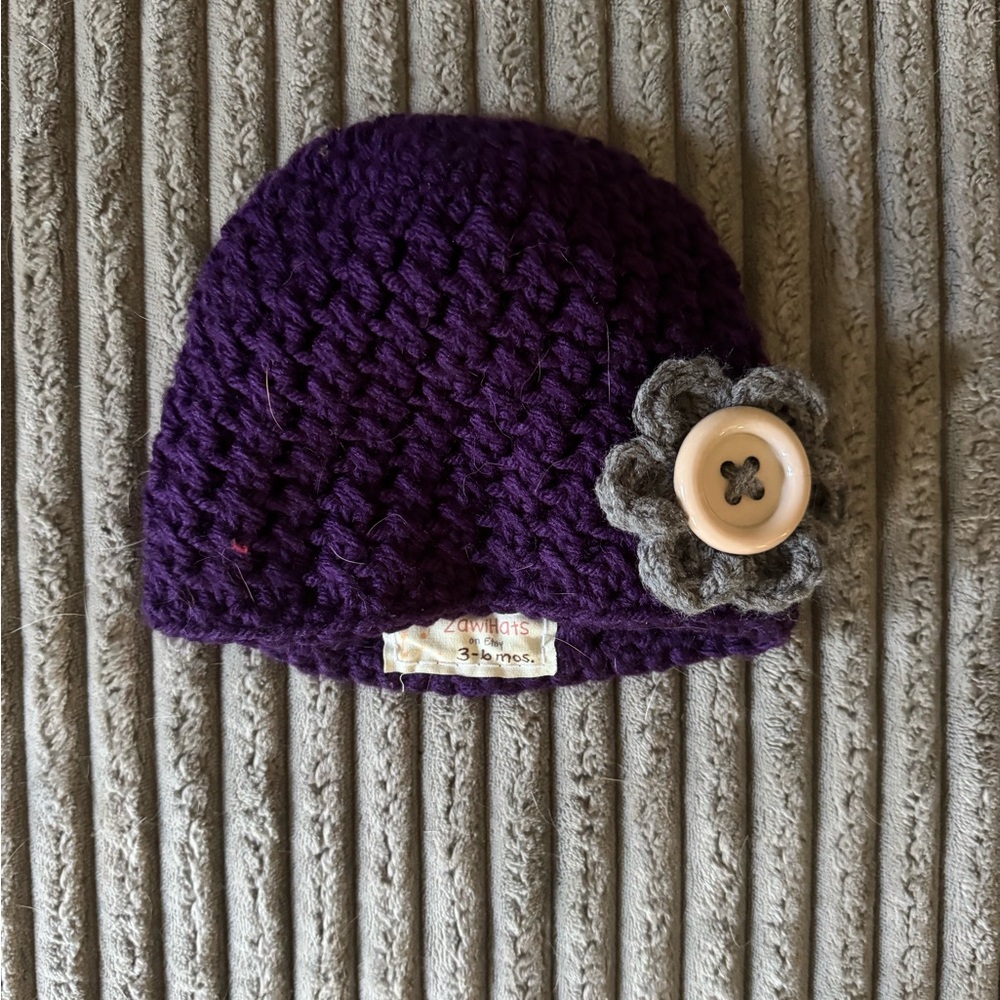 Purple Crochet Baby Hat with Flower Accent